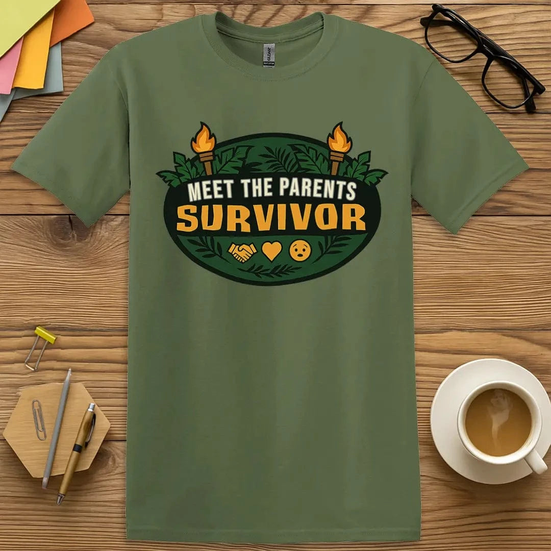 Military green shirt with torch and jungle design – text reads Meet The Parents Survivor with icons for handshake, heart, and confused face