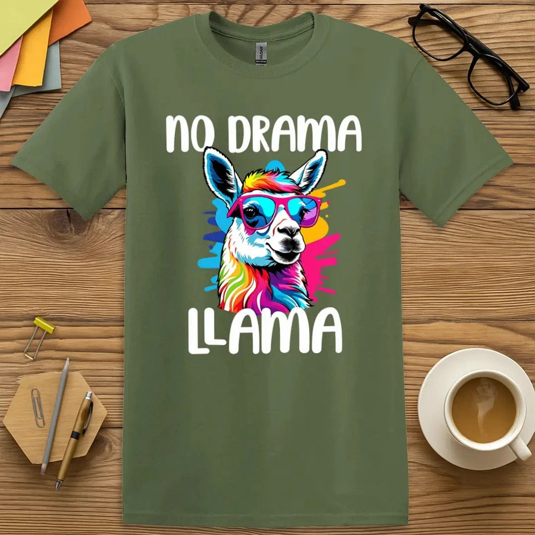 Military Green Color T-shirt with "No Drama Llama" design offering earthy vibes and llama chill.