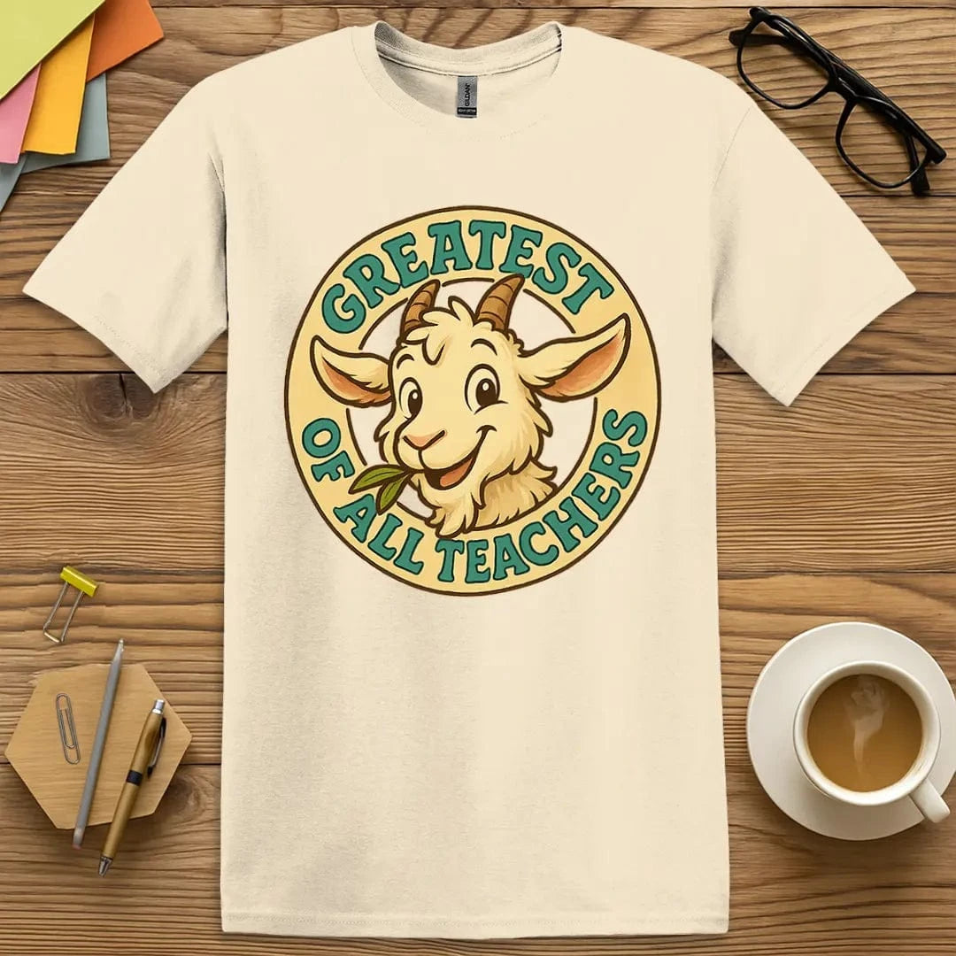 Natural Color T-Shirt with "Greatest of All Teachers" design featuring a cartoon goat eating an A and bold retro lettering.