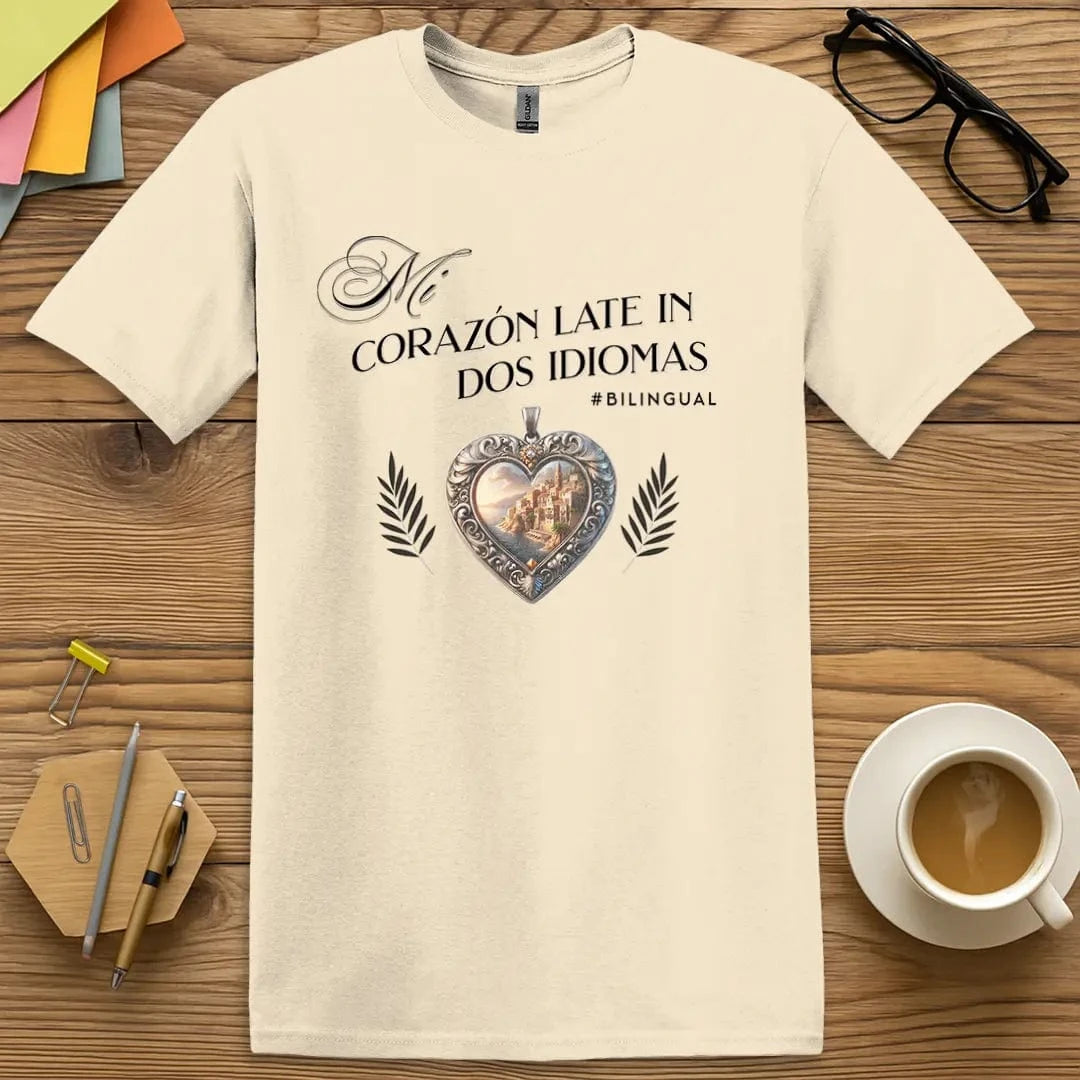 Natural T-shirt with "Mi Corazón Late en Dos Idiomas" design featuring cultural flair and multilingual humor.