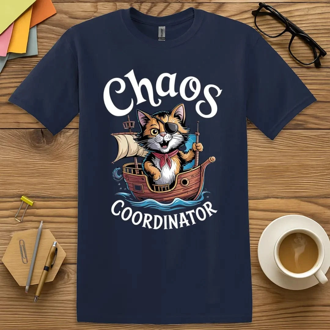 Navy Color T-shirt with "Chaos Coordinator" design showcasing pirate vibes and teacher-level coordination power.