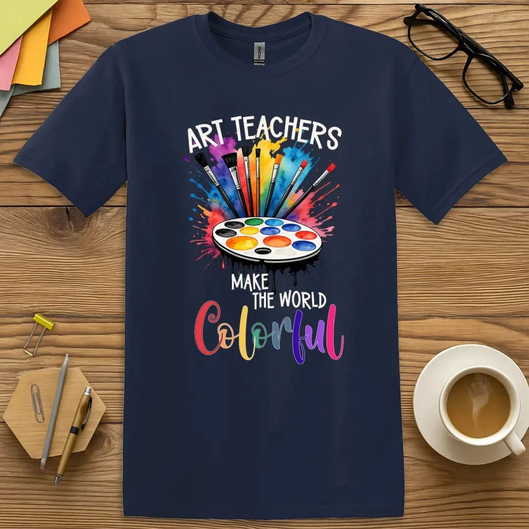 Navy Color T-shirt with "Art Teachers Make the World Colorful" design showcasing bright brushes and a splashy art room vibe.