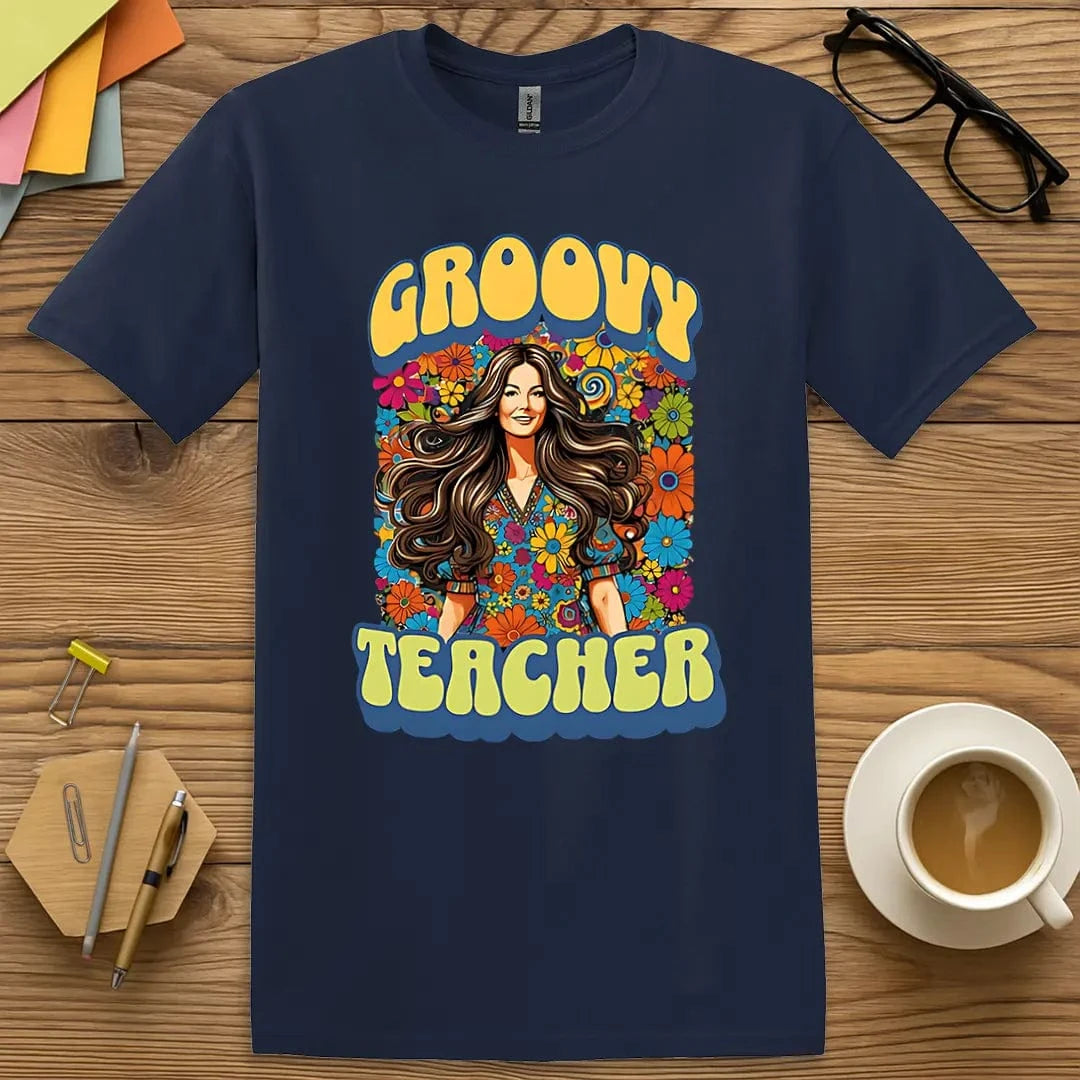 Navy Color T-shirt with "Groovy Teacher" design featuring retro psychedelic floral pattern and vintage educator vibe.