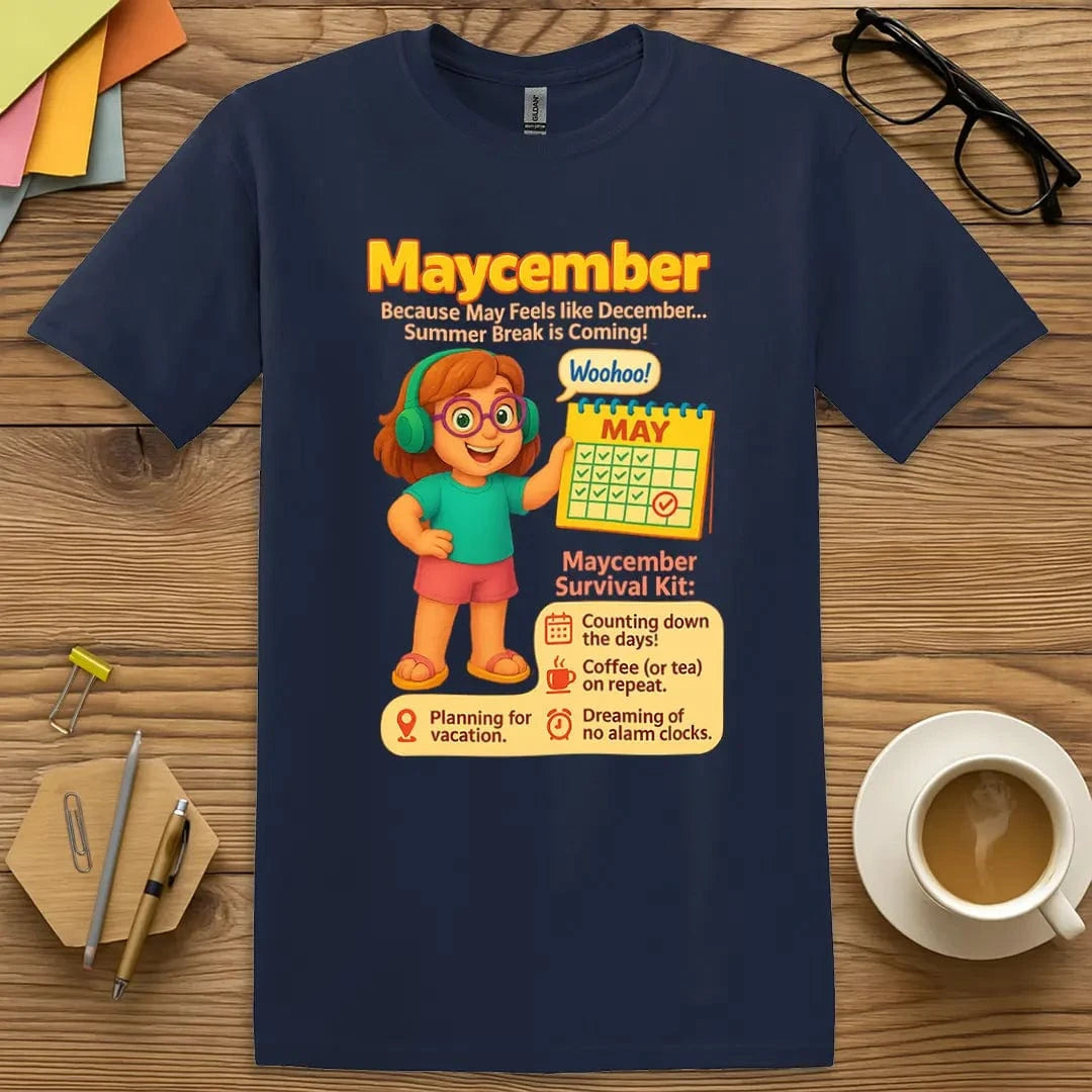 Navy Color T-shirt with "Maycember Survival Kit" design showing colorful, quirky art and humorous survival checklist for teachers.