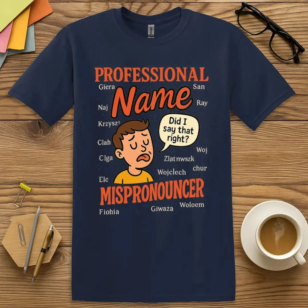 Navy Color T-shirt with "Professional Name Mispronouncer" design combining classic tone with student-approved humor.