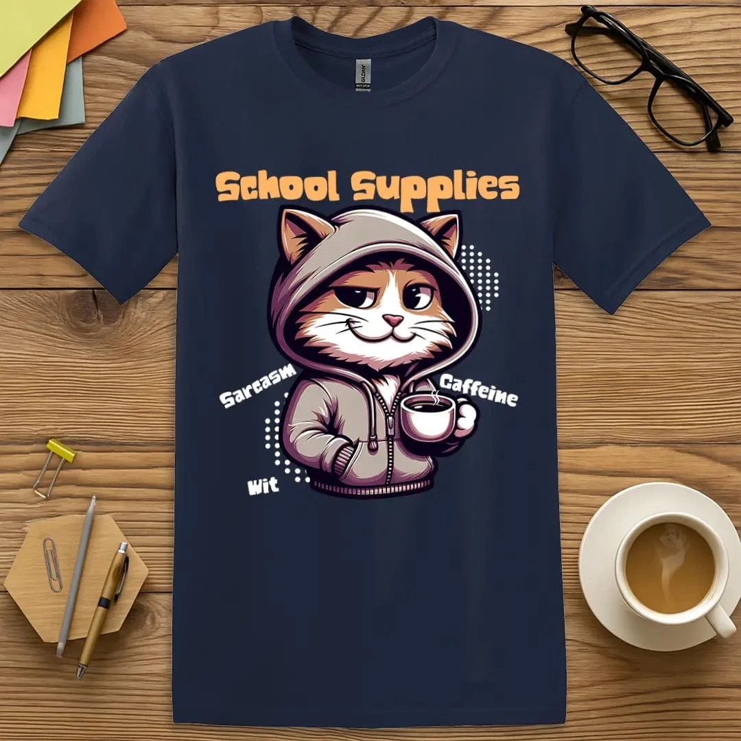 Navy Color T-Shirt with "School Supplies" design highlighting cool cat character and caffeine-powered classroom style.