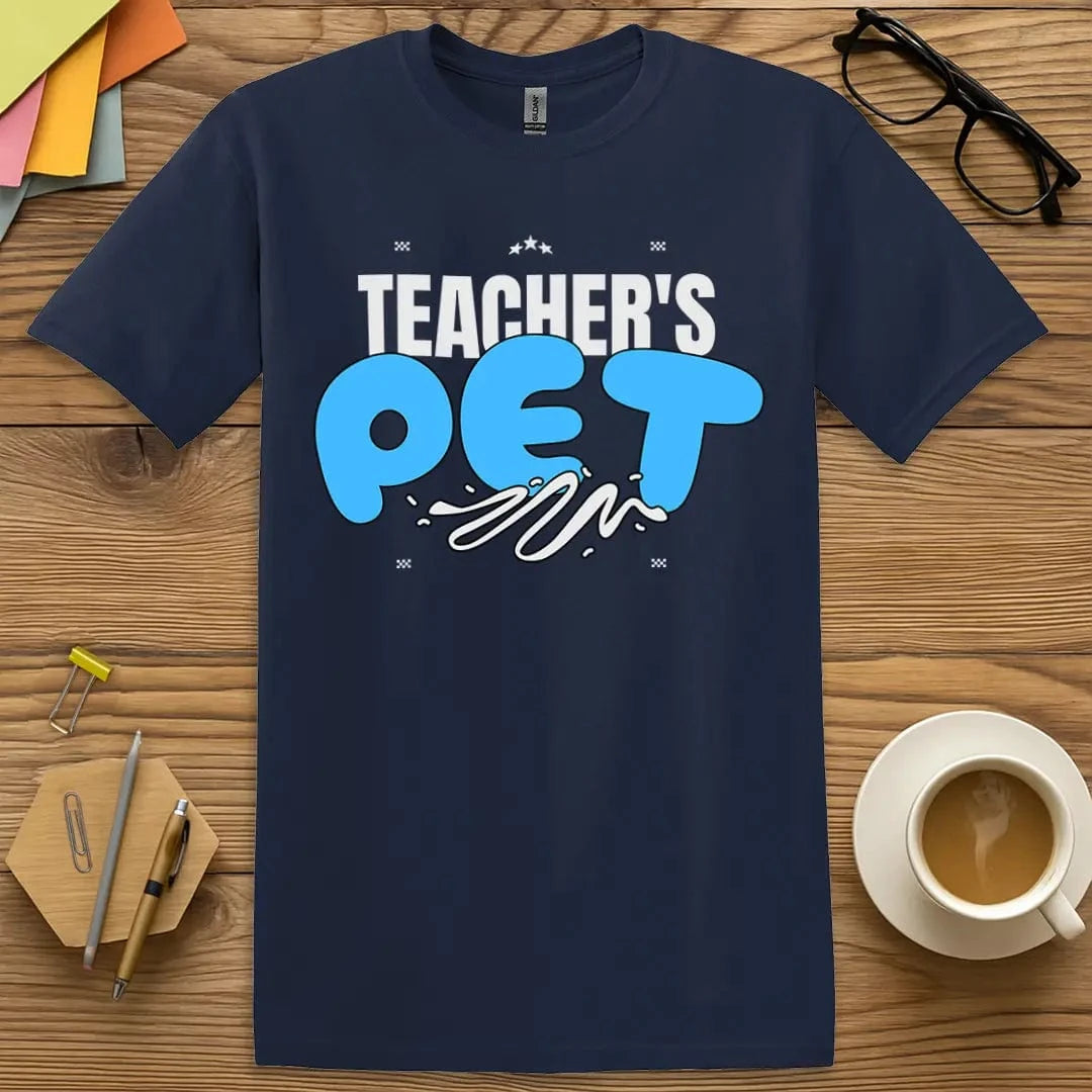 Navy Color T-shirt with "Teacher's Pet" design featuring classic dark backdrop and colorful favorite student flair.