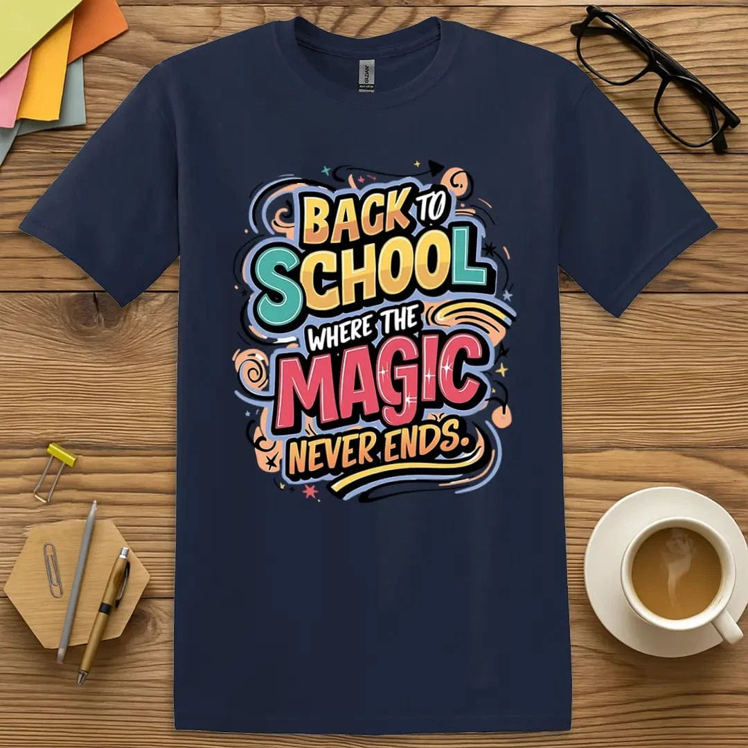 Navy Color T-Shirt with "Back to School Where the Magic Never Ends" design offering rich tone and vibrant educational magic.