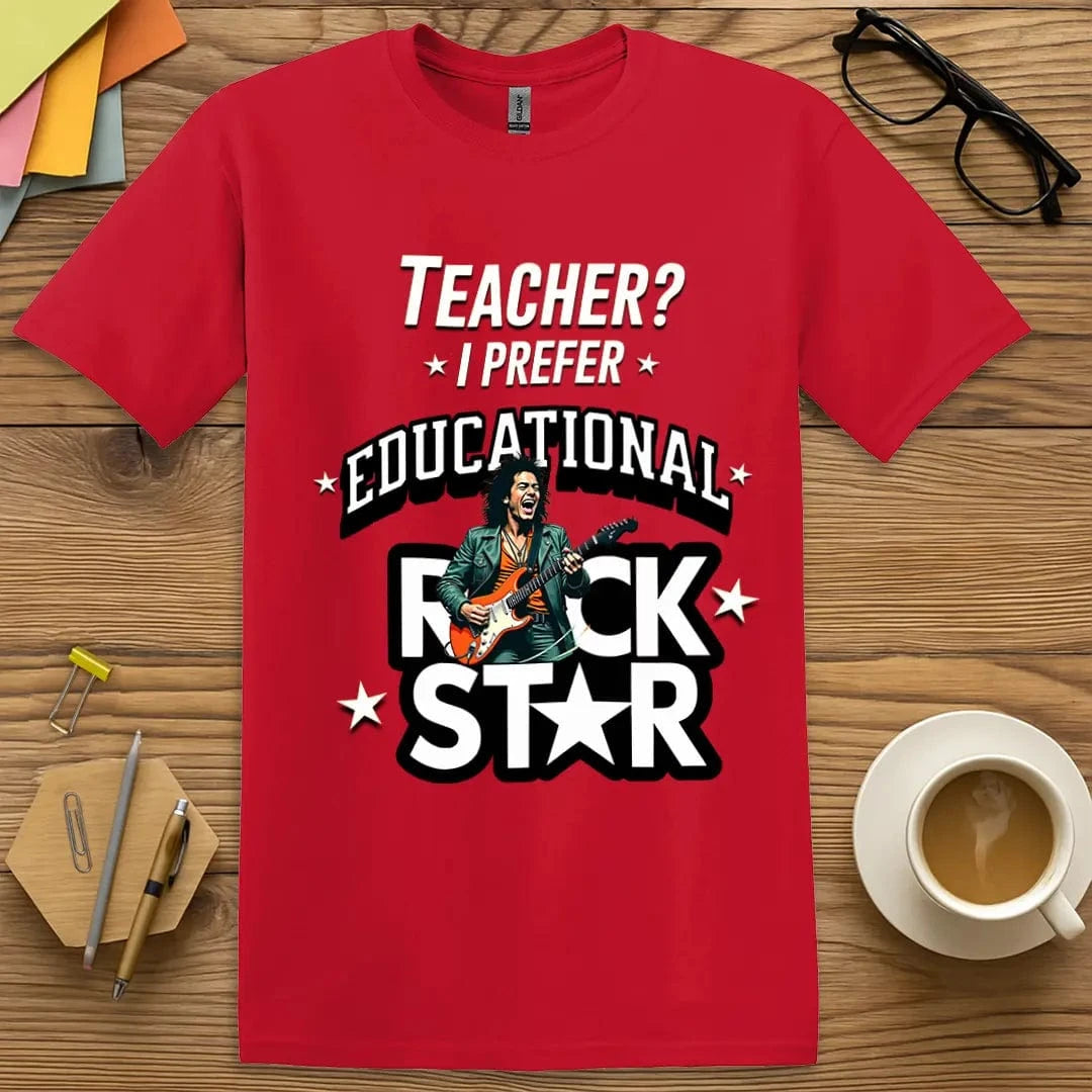 Red Color T-Shirt with "Educational Rock Star" design bringing bold, vibrant stage energy to teaching life.