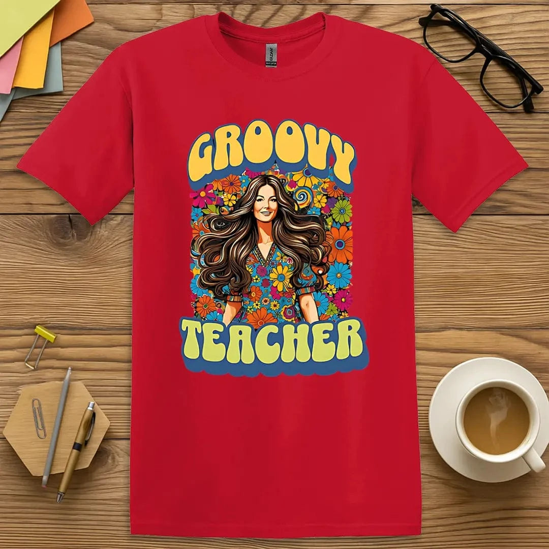 Red Color T-shirt with "Groovy Teacher" design blending sixties color splash with funky teacher energy.