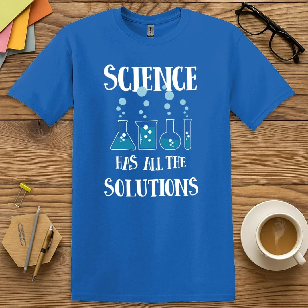 Royal Color T-Shirt with "Science Has All the Solutions" design featuring beakers, bubbles, and clever chemistry pun.