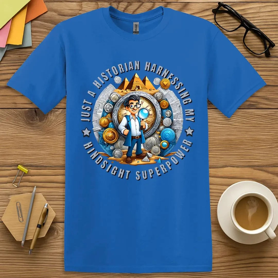 Royal Color T-Shirt with "Hindsight Superpower" design bringing bright energy and educator charm.