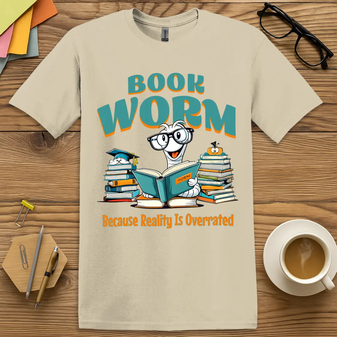 Sand Color T-shirt with "Book Worm" design combining earthy tones and bookish personality.
