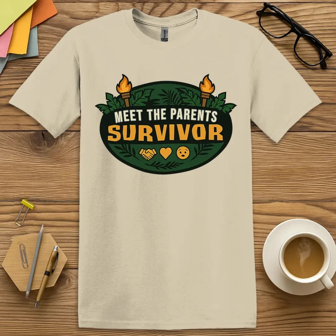 Sand T-shirt with “Meet The Parents” graphic, light-toned tee that breaks the ice in every school hallway