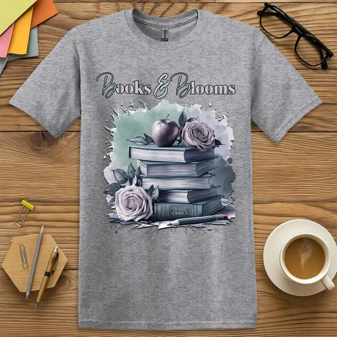 Sport Grey T-shirt with “Books & Blooms” design featuring literary charm and soft florals — where literature meets nature