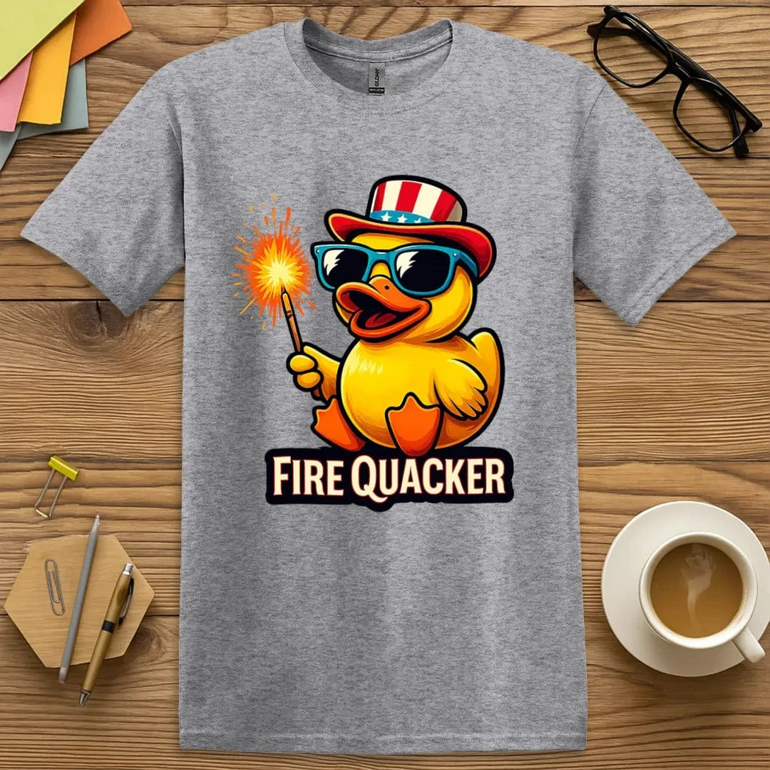 Sport Grey Color T-shirt with "Fire Quacker" design featuring a stylish duck ready for classroom celebrations and staff BBQs.