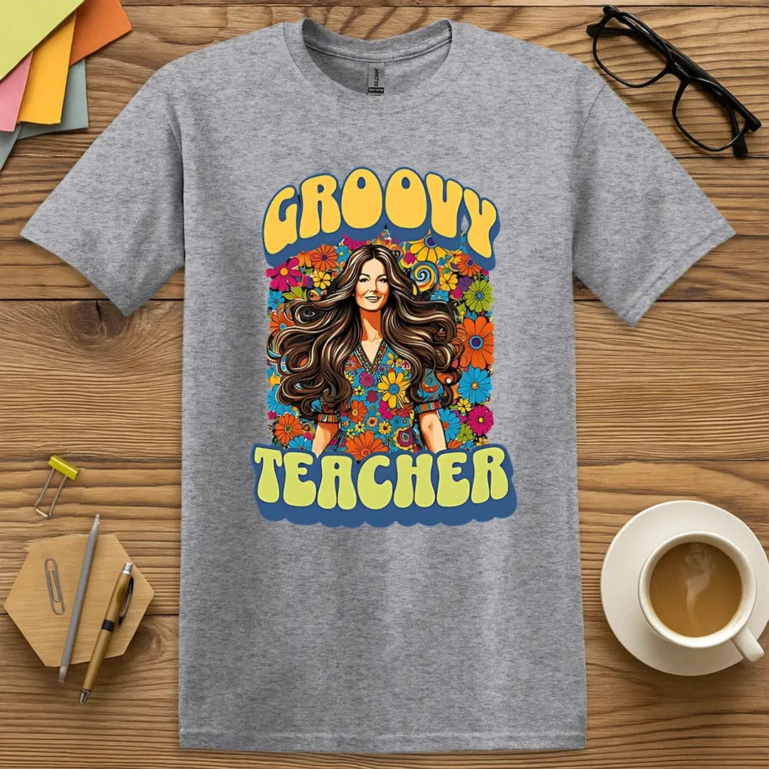 Sport Grey Color T-shirt with "Groovy Teacher" design offering neutral tone contrast with bold retro flair.