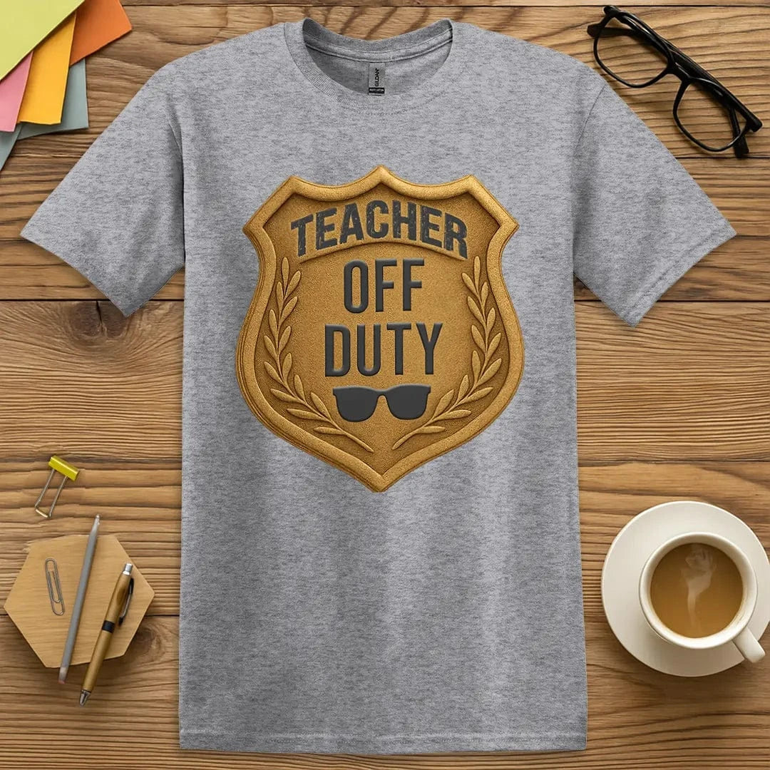 Sport Grey T-shirt with “Teacher Off Duty” design featuring relaxed teacher energy and summer vibes