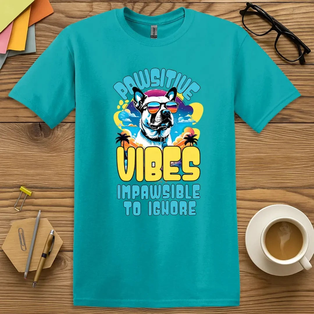 Tropical Color T-Shirt with "Pawsitive Vibes Impawsible to Ignore" design capturing retro sunset flair and pawsitive classroom humor.