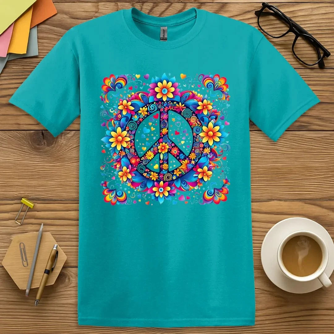 Tropical Blue Color T-Shirt with peace sign surrounded by rainbow flowers for a cheerful, teacher-friendly vibe.
