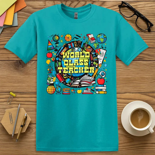 Tropical Blue Color T-Shirt with "World Class Teacher" design featuring colorful icons like books, globes, and apples.