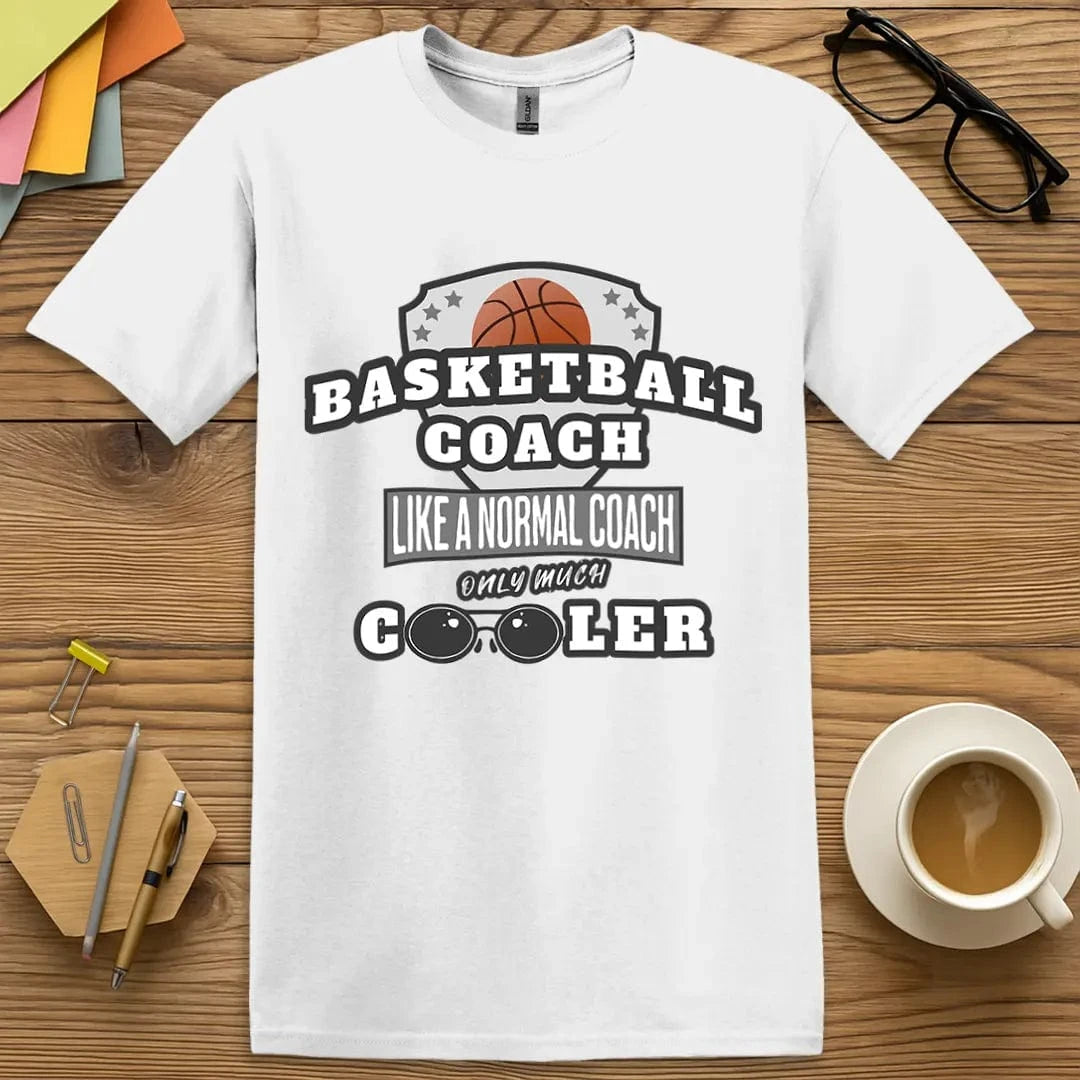 White T-shirt with "Basketball Coach…" design offering bright contrast and funny gym-ready flair.