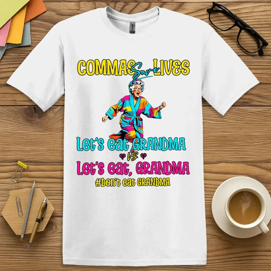 White Color T-shirt with "Commas Save Lives" design featuring classic punctuation humor in bold black text.