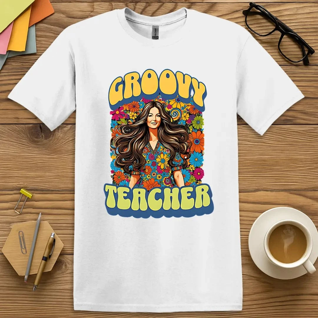 White Color T-shirt with "Groovy Teacher" design radiating classic peace, love, and educational flower power.
