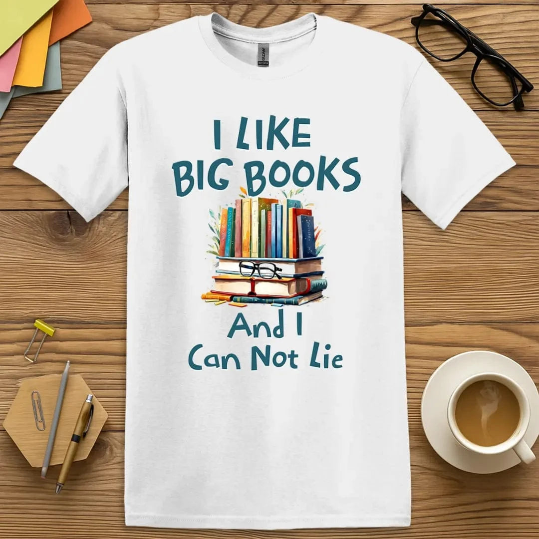 White Color T-shirt with "I Like Big Books" design featuring clean contrast and classroom-ready humor.
