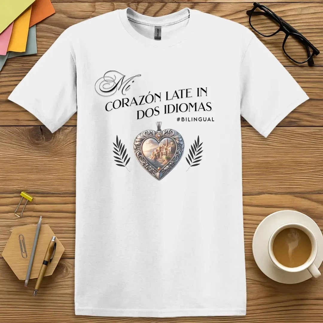 White T-shirt with “Mi corazón late en dos idiomas” design featuring Spanish coastal heart symbol