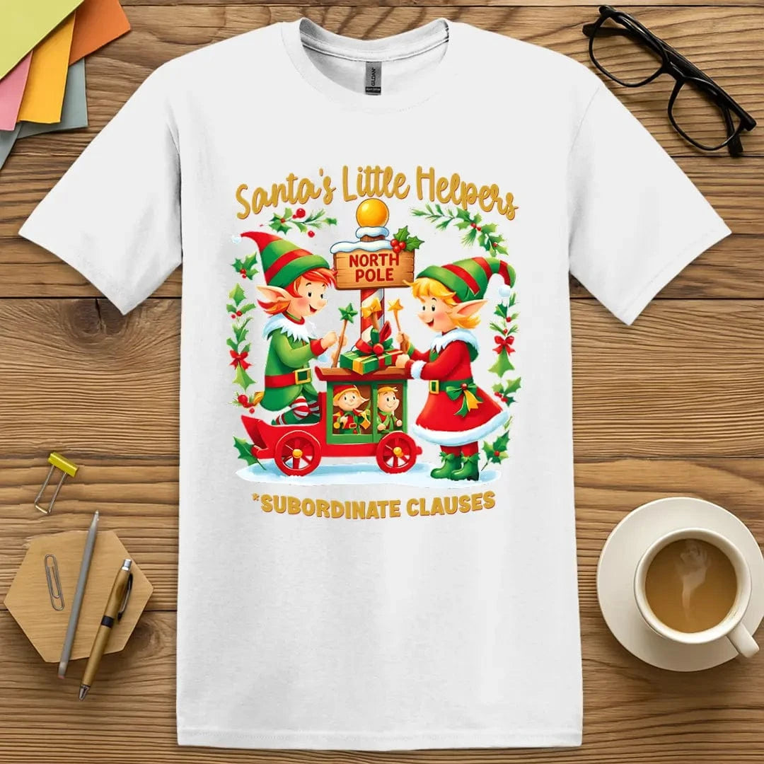 Subordinate Clauses Santa’s Little Helpers grammar pun — teacher Christmas tee on white