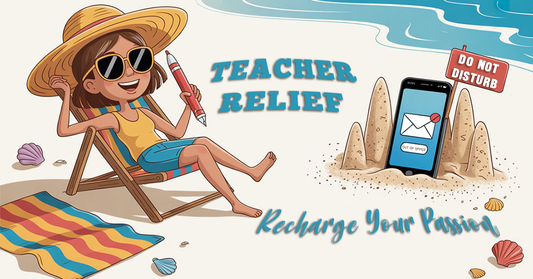 Cartoon teacher relaxing on a beach with a “Do Not Disturb” sign and a phone showing an out-of-office email, symbolizing summer break and unplugging from school.