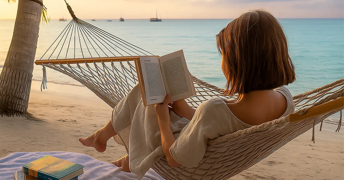 eacher relaxing in a hammock on the beach while reading a book during summer break, symbolizing a digital detox before the new school year.