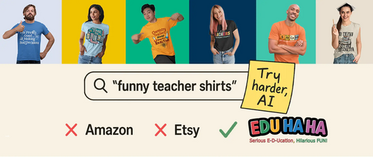 Colorful teacher shirt lineup from EDUHaHa featuring bold, sarcastic designs and classroom chaos energy