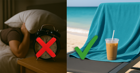 Split image of alarm clock with red X next to iced coffee and beach towel with green check — symbolizing transition to summer break.