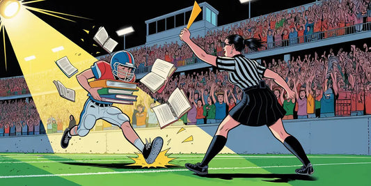 Football player running with stack of books as referee throws flag under stadium lights, crowd cheering.