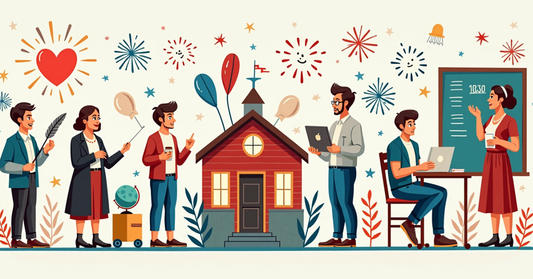 Illustrated timeline showing the evolution of American teachers over 249 years—from colonial chalkboards to digital classrooms—with patriotic accents and modern tech.