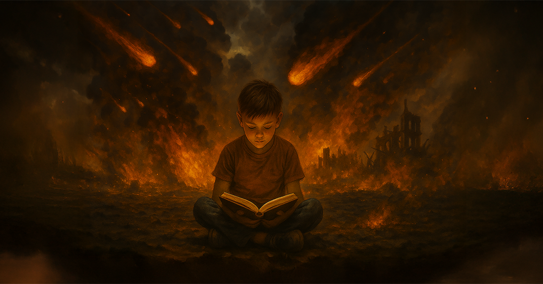 A young boy sits cross-legged on scorched ground, calmly reading a glowing book as fiery meteors rain down and buildings burn in the background — a symbol of focus, resilience, and the enduring power of learning amid chaos.