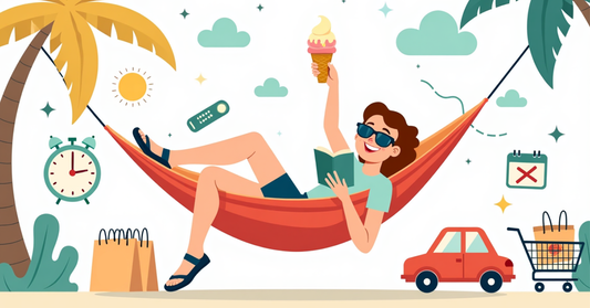 Teacher relaxing in hammock with ice cream and book, surrounded by summer icons for Summer Bucket List