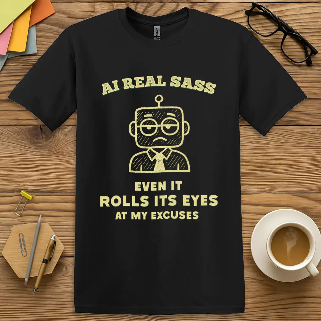 Black Color T-shirt with "AI Real Sass - Even It Rolls Its Eyes at My Excuses" design for sleek classroom sass and robot-powered side-eye.