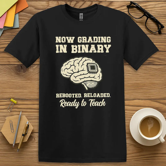 Black Color T-shirt with "Now Grading in Binary – Rebooted. Reloaded. Ready to Teach" design featuring bold font and digital brain humor.