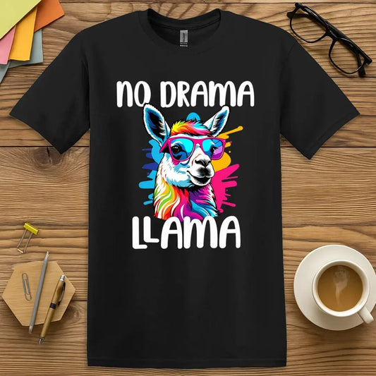 Black teacher shirt with colorful rainbow llama wearing sunglasses – text: No Drama Llama – funny classroom humor tee