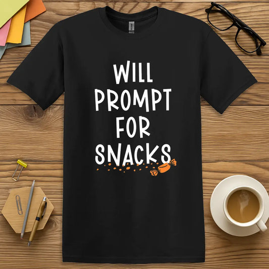Black Color T-shirt with "Will Prompt For Snacks" design featuring clean, bold lettering and candy pop art for sarcastic snack vibes.