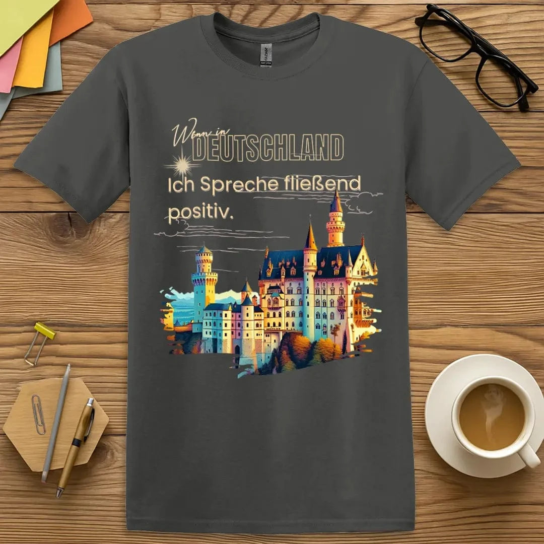 Charcoal T-shirt with “Ich spreche fließend positiv” design featuring subtle humor for stylish German educators