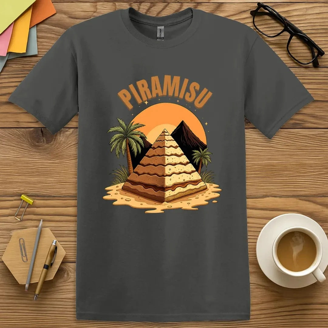 Charcoal T-shirt with “Piramisu” design featuring a witty blend of history and culinary arts