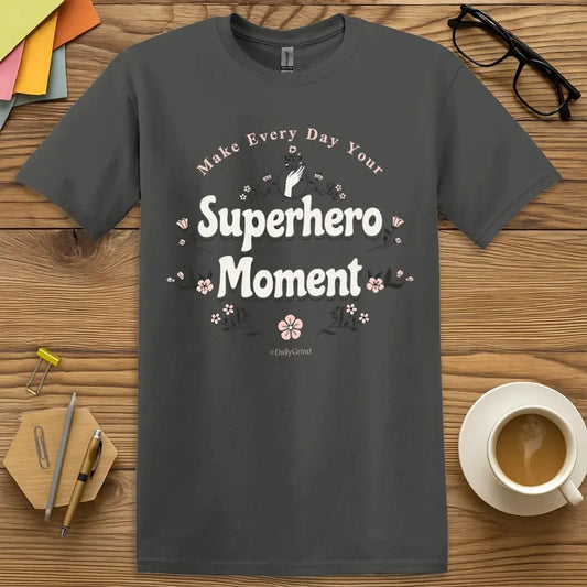 Charcoal T-shirt with “Make Every Day Your Superhero Moment” design featuring floral elements, bold typography, and uplifting educator message  