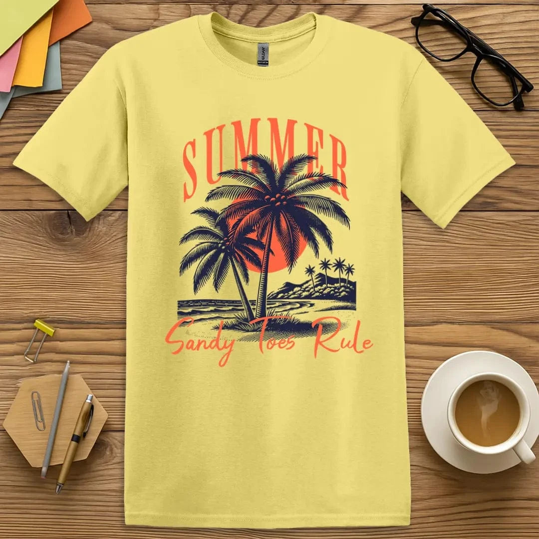 Cornsilk T-shirt with “SUMMER – Sandy Toes Rule” design featuring beachy colors and relaxed summer style