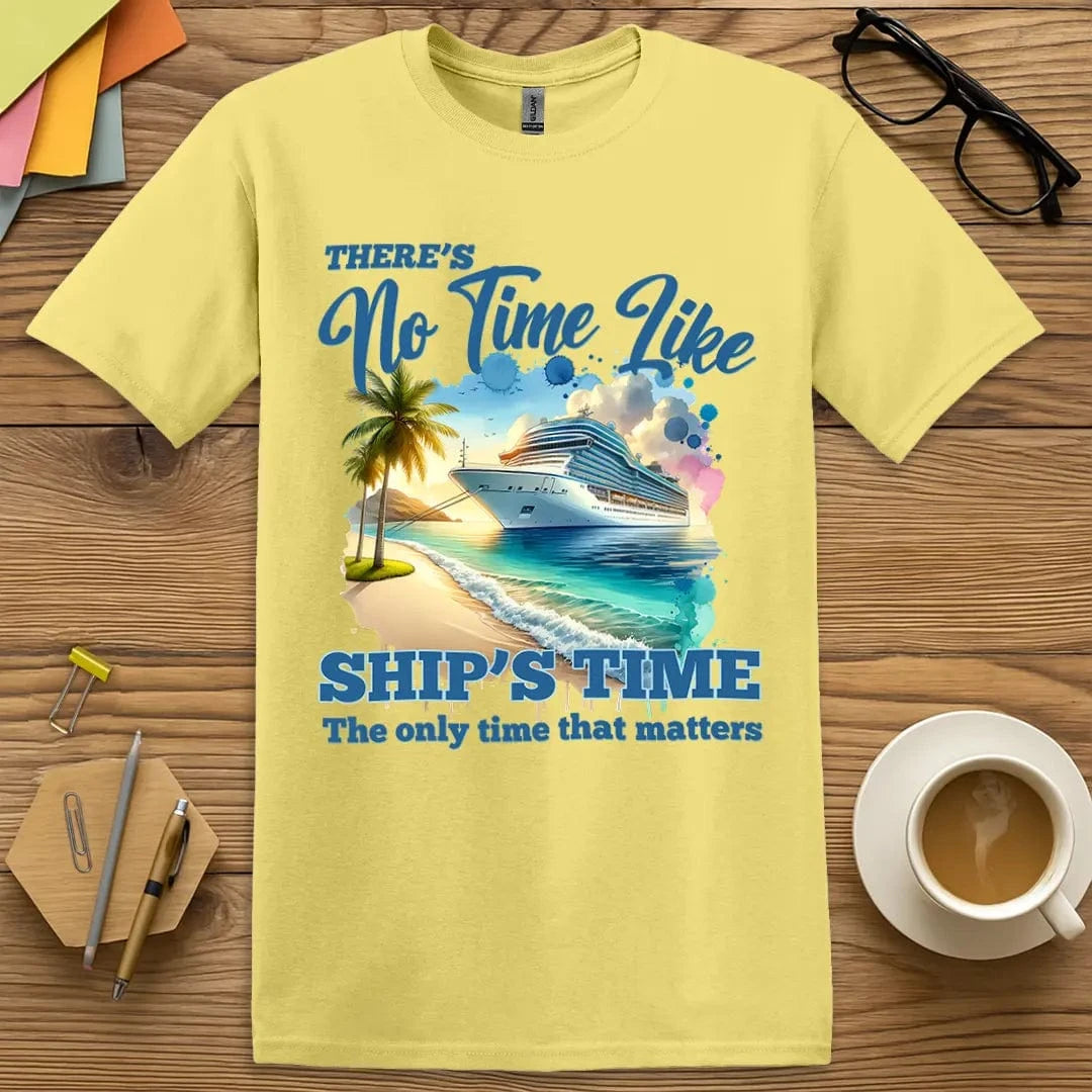 Cornsilk T-shirt with “There’s No Time Like Ships Time” design featuring sunny tones and relaxed ship-life style
