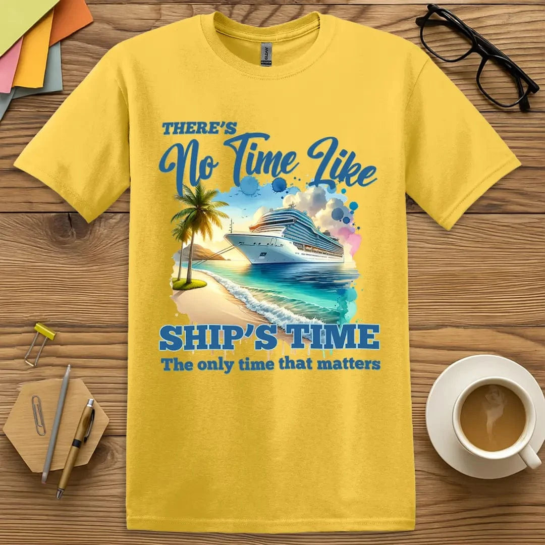 Daisy T-shirt with “There’s No Time Like Ships Time” design featuring bright vacation flair and witty cruise attitude