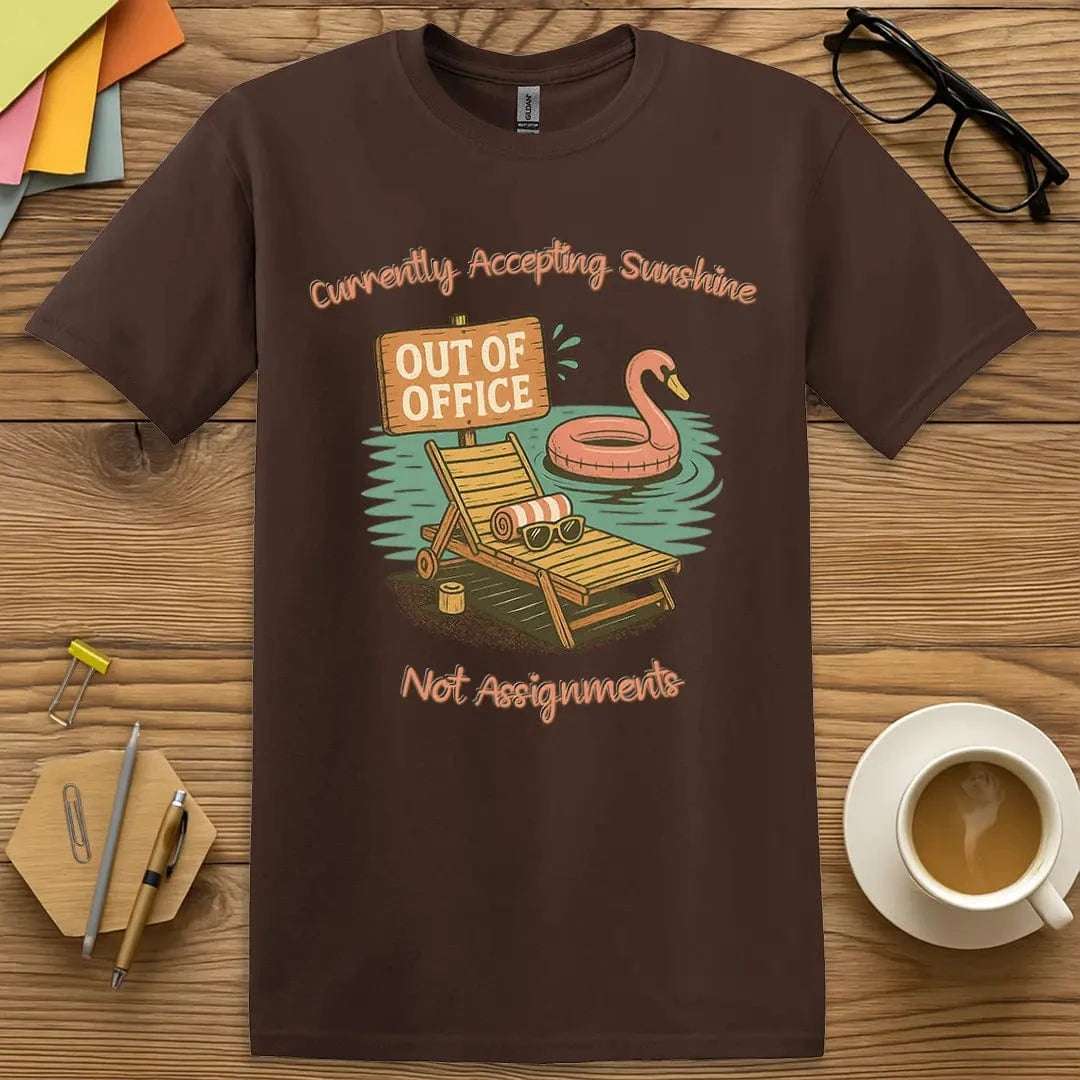 Dark Chocolate T-shirt with “Out of Office” poolside theme – fun and comfy for off-duty educators